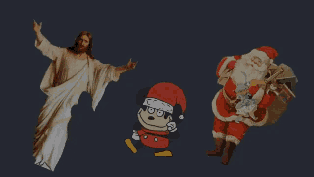 a cartoon of jesus a mickey mouse and santa claus on a dark background