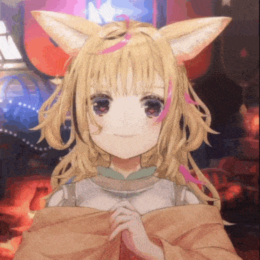 a close up of a girl with fox ears and red eyes