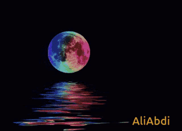 a full moon is reflected in the water and the name aliabdi is on the bottom