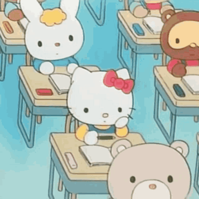 a cartoon of hello kitty sitting at a desk in a classroom with other stuffed animals .