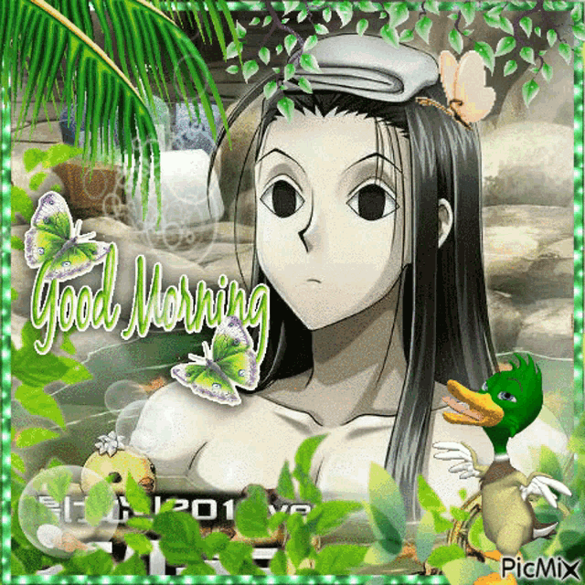 a picture of a girl with a towel on her head and the words good morning