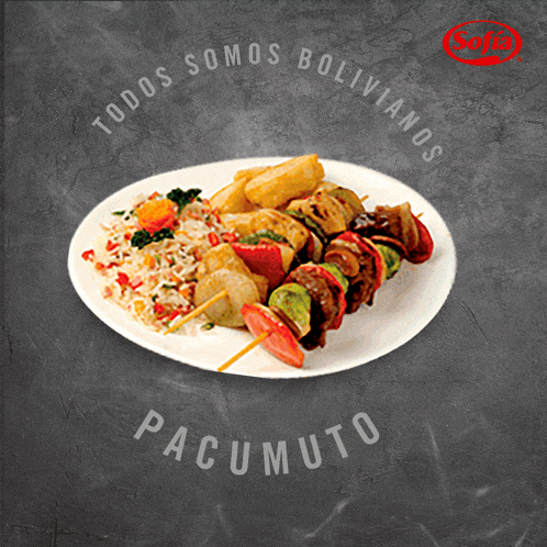 a plate of food with the words todos somos bolivianos pacumuto on the bottom