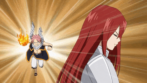 a cartoon of a girl with red hair and a man with a fireball in his hand