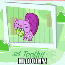 a cartoon of a purple beaver in a cage with the words and toothy hi toothy