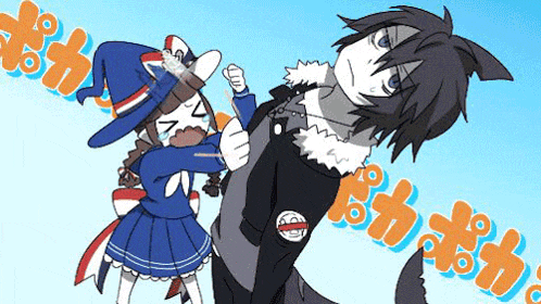 a boy and a girl are standing next to each other in a cartoon . the girl is wearing a witch hat .