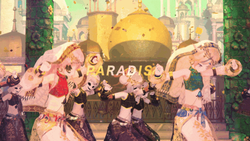 a group of women are dancing in front of a sign that reads paradiso