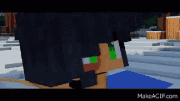 a minecraft character with a green eye is laying on a bed