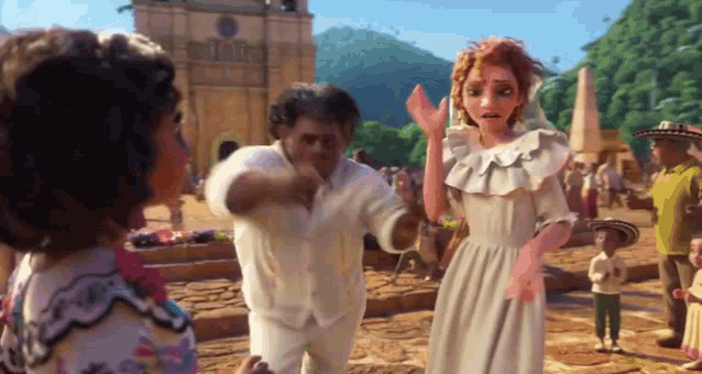 a woman in a white dress is dancing with a man in a white shirt .