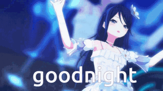 a girl in a white dress is dancing with the words goodnight written in white