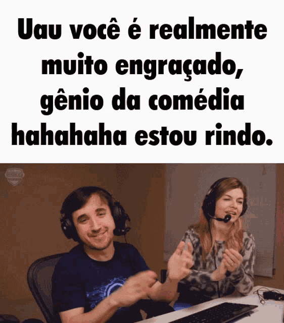 a man and a woman wearing headphones are clapping together