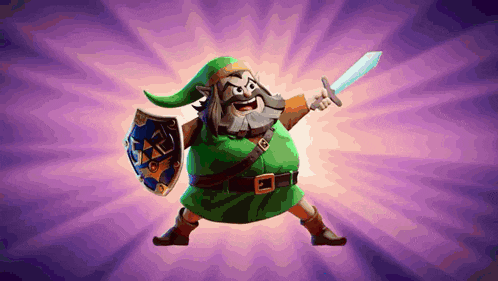 a cartoon of a link holding a sword and a shield