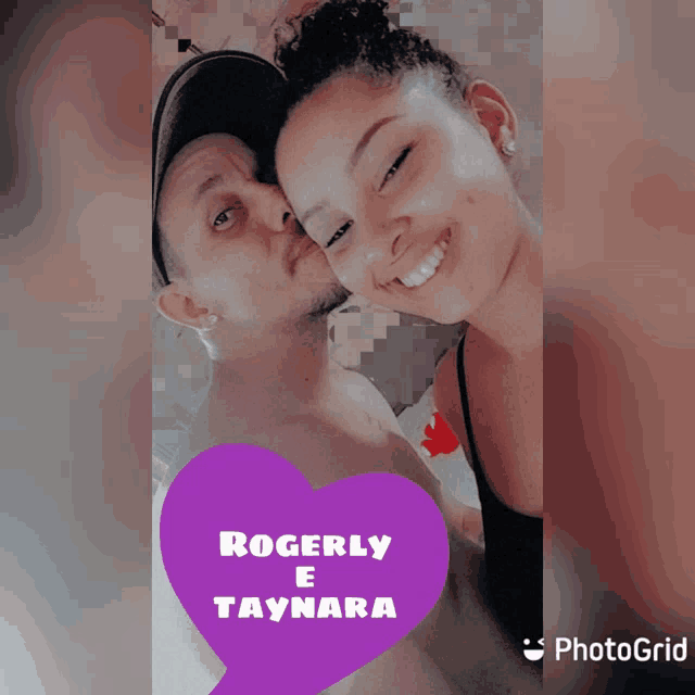 a picture of a man and a woman with rogerly e taynara written in a purple heart