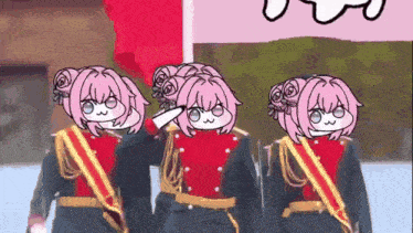 a group of pink anime girls in military uniforms are saluting .