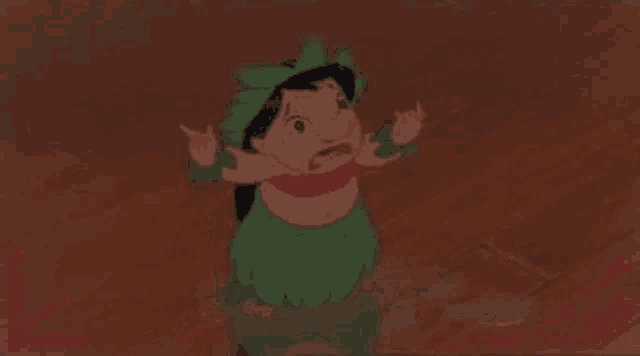 a cartoon character is standing on a wooden floor with his head in his hands .