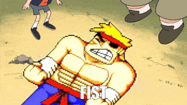 a pixel art drawing of a man with the word fist written on his chest