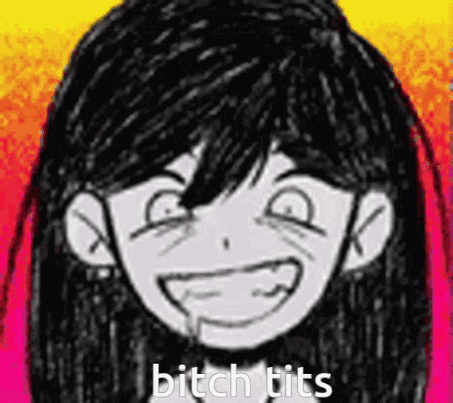 a black and white drawing of a girl with the words bitch tits written on the bottom