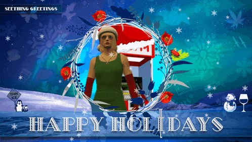a christmas greeting card with a man in a santa hat and the words happy holidays