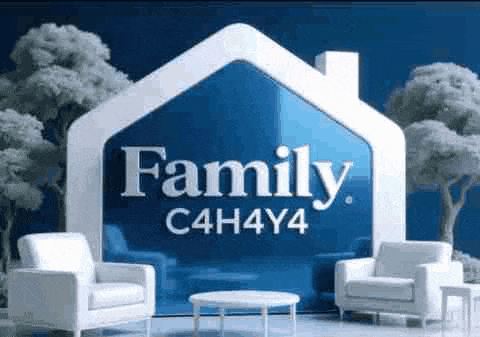a living room with two chairs and a table with a family c4h4y4 logo .