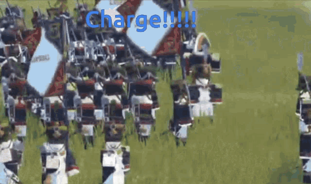 a bunch of soldiers are standing in a field with the word charge written on the bottom