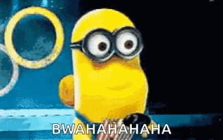 a cartoon minion wearing glasses and a scarf is laughing .
