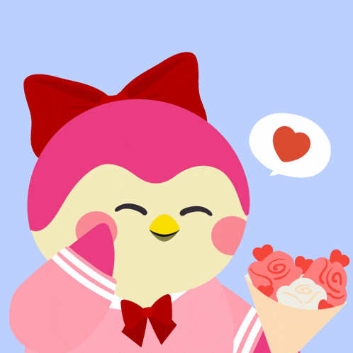 a pink bird with a red bow holding a bouquet of roses
