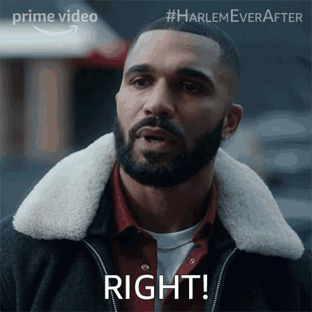 a man with a beard is wearing a fur collared jacket and says right