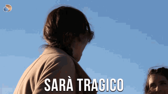 a woman stands in front of a blue sky with the words sara tragico written below her