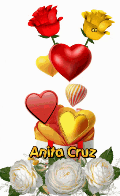 an animated image of hearts and roses with the name anita cruz
