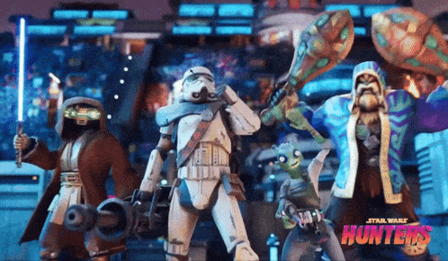 a poster for star wars hunters shows a storm trooper and two other characters