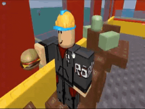 a roblox character is holding a hamburger in his hand in a video game .