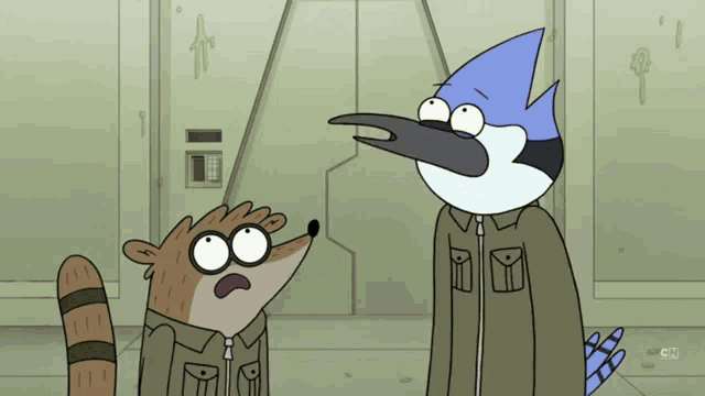 two cartoon characters standing next to each other with cn on the bottom