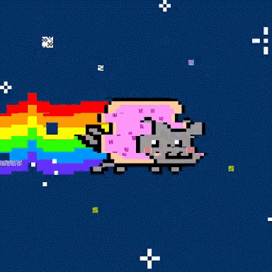 a pixel art of a cat with a rainbow tail