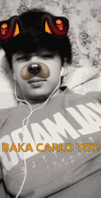 a man wearing headphones and a dog mask says baka carlo to ?