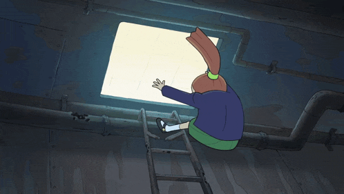 a cartoon of a girl looking out a window with a ladder