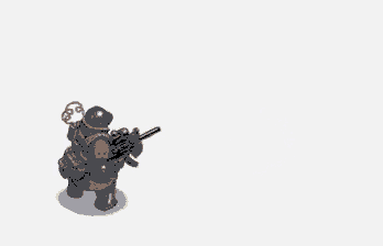 a pixel art of a soldier holding a gun with smoke coming out of it