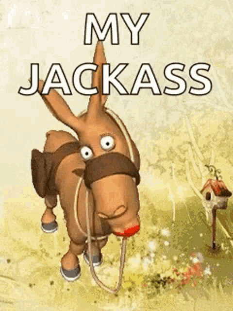 a cartoon donkey with a rope around its neck and the words `` my jackass '' written on it .