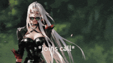 a picture of a woman with long white hair and the words " joins call " on the bottom