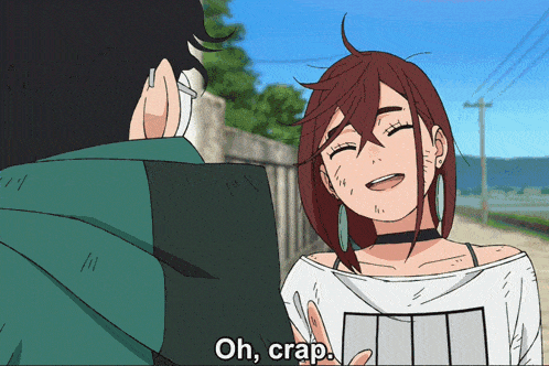 a man and a woman are talking and the woman is smiling and says oh crap