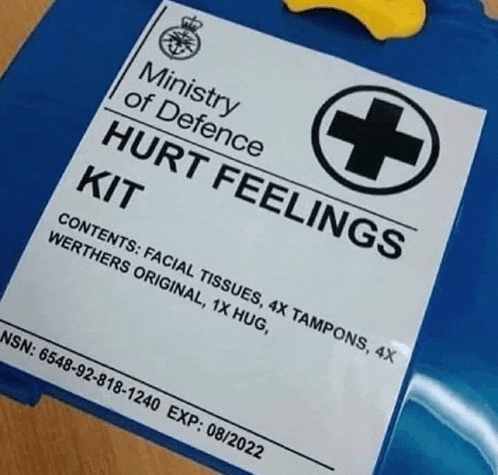 a ministry of defence hurt feelings kit contains facial tissues tampons and worthers original 1x hug