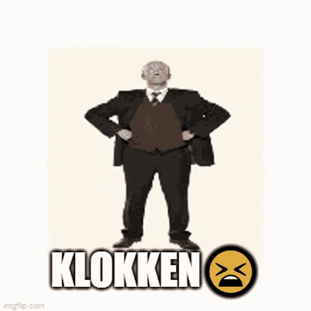 a man in a suit is doing a handstand with the word klokken written below him