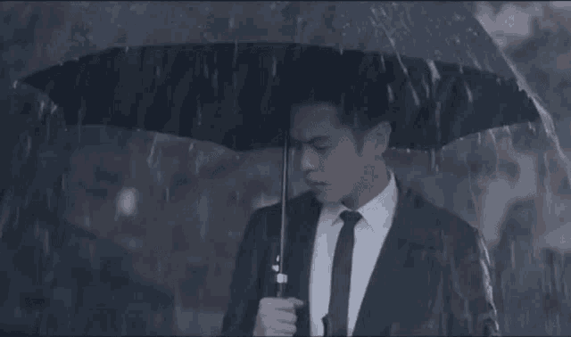 a man in a suit holding an umbrella in the rain