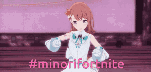 a girl in a white dress stands in front of a pink background with #minorifortnite written on it