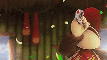 a cartoon character is holding a can in his hand .