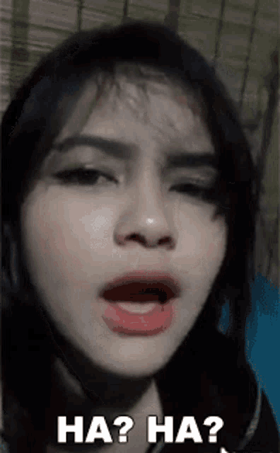 a close up of a woman 's face with the words `` ha ? ha ? ''