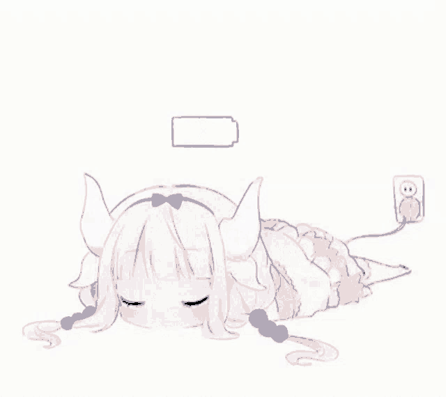 a little girl with horns is laying on the floor next to an electrical outlet and a charger .