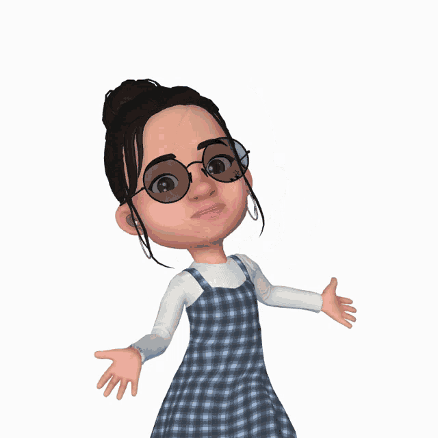 a cartoon girl wearing glasses and overalls has a bun in her hair