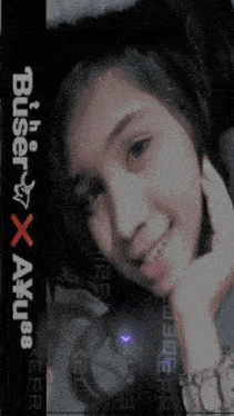 a girl is smiling in front of a sign that says " the buser x axu88 "