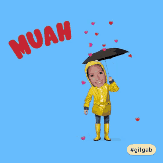 a woman in a yellow raincoat is holding an umbrella with the words muah above her