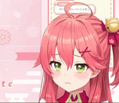 a girl with pink hair and green eyes has a cat bell on her head