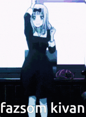 a cartoon girl in a black dress is dancing with the words fazsom kivan below her